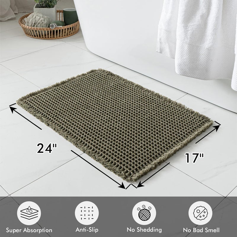 MIULEE Set of 2 Waffle Bathroom Rugs, Super Absorbent Non Slip Bath Rugs, Washable Bath Mats with Tassels, Ultra Soft Rubber Backed Shower Mats for Bathroom Floor, Tub, Green, 17x24 Inch - Image 2