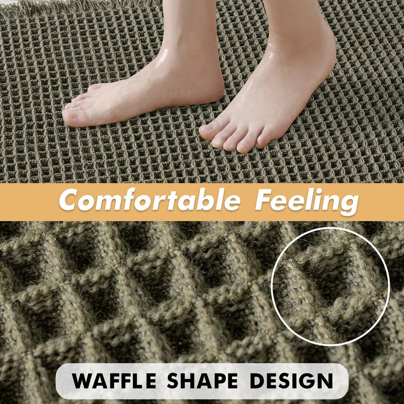 MIULEE Set of 2 Waffle Bathroom Rugs, Super Absorbent Non Slip Bath Rugs, Washable Bath Mats with Tassels, Ultra Soft Rubber Backed Shower Mats for Bathroom Floor, Tub, Green, 17x24 Inch - Image 5