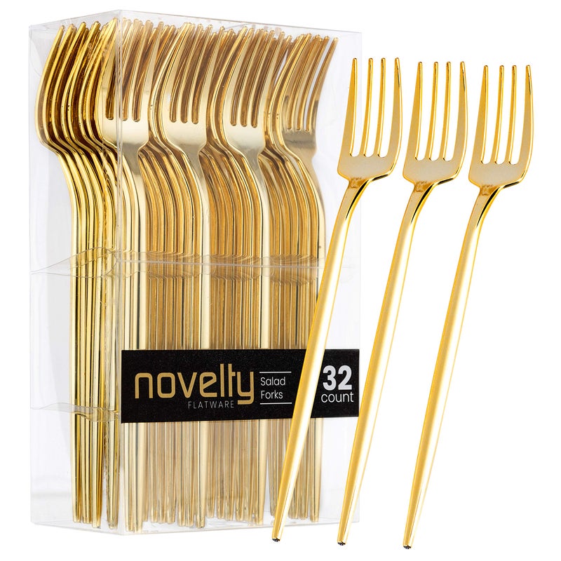 PLASTICPRO Novelty Modern Flatware Cutlery Disposable Plastic Salad forks Luxury Gold 32 Count 