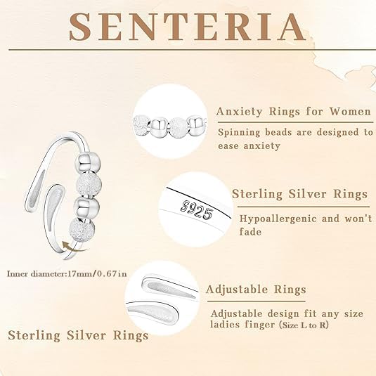 Senteria Anxiety Rings for Women Sterling Silver Rings Adjustable Stress Spinner Rings with Beads Fidget Rings for Anxiety Women - Image 4