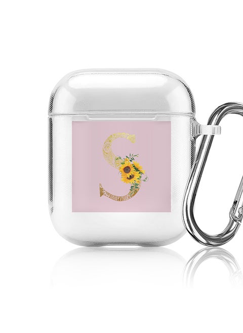 Classic Clear printed Case for Apple Airpods 2 / 1 Soft TPU Gel Thin Transparent Flexible Cover - Custom Monogram Initial Letter Mandala Floral Pattern Alphabet - S (Pink )