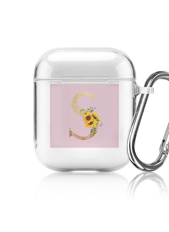 Classic Clear printed Case for Apple Airpods 2 / 1 Soft TPU Gel Thin Transparent Flexible Cover - Custom Monogram Initial Letter Mandala Floral Pattern Alphabet - S (Pink )