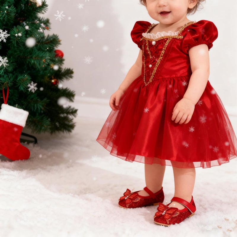 HsdsBebe Infant Baby Girls Mary Jane Flats Bow Non-Slip Soft Sole Princess Toddler First Walkers Sneaker Wedding Dress Shoes(PLPL01 red,3) - Image 2