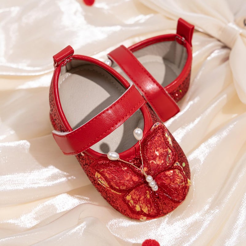 HsdsBebe Infant Baby Girls Mary Jane Flats Bow Non-Slip Soft Sole Princess Toddler First Walkers Sneaker Wedding Dress Shoes(PLPL01 red,3) - Image 4