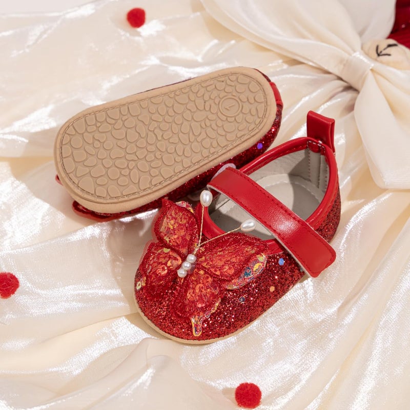HsdsBebe Infant Baby Girls Mary Jane Flats Bow Non-Slip Soft Sole Princess Toddler First Walkers Sneaker Wedding Dress Shoes(PLPL01 red,3) - Image 3
