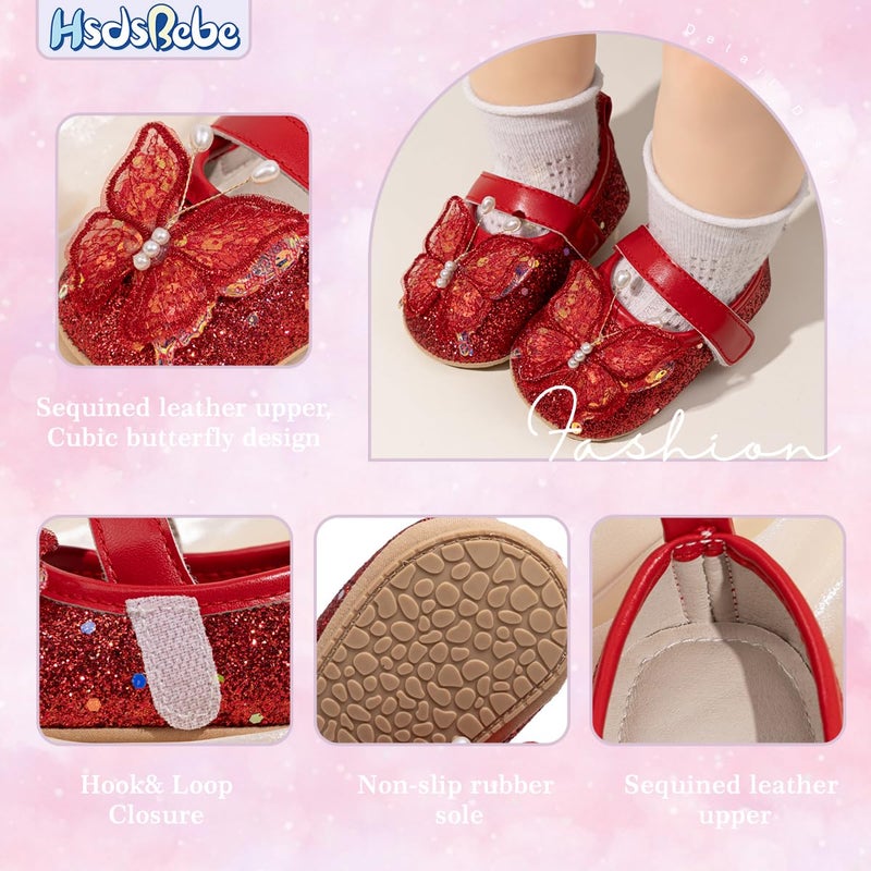 HsdsBebe Infant Baby Girls Mary Jane Flats Bow Non-Slip Soft Sole Princess Toddler First Walkers Sneaker Wedding Dress Shoes(PLPL01 red,3) - Image 5