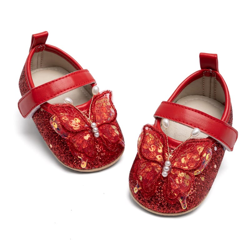 HsdsBebe Infant Baby Girls Mary Jane Flats Bow Non-Slip Soft Sole Princess Toddler First Walkers Sneaker Wedding Dress Shoes(PLPL01 red,3) - Image 1