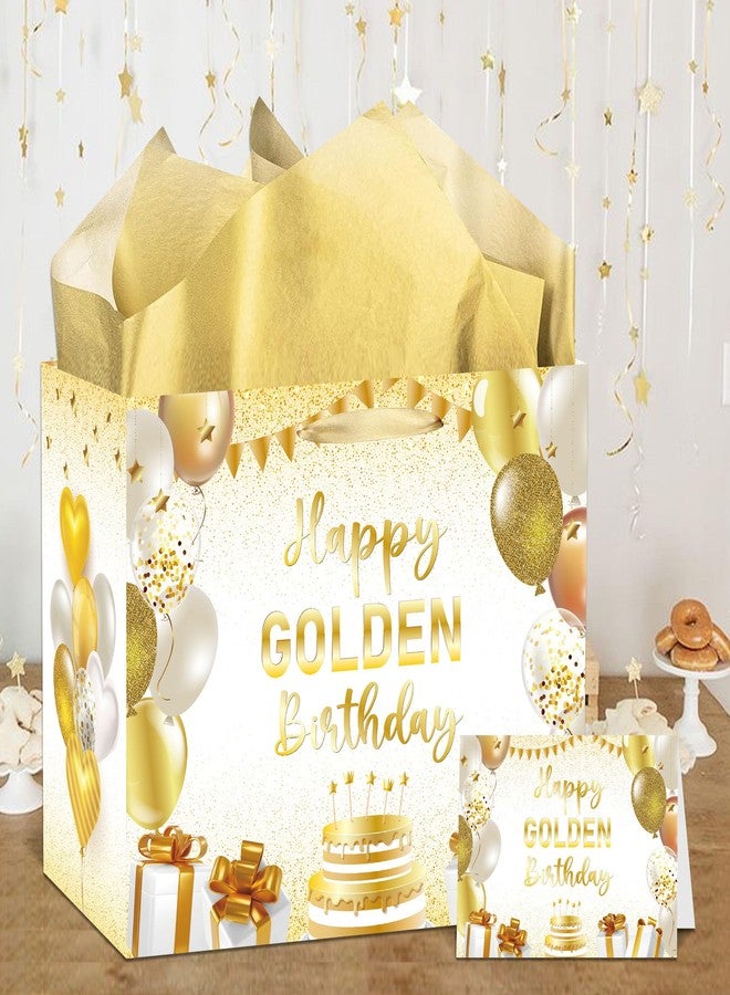 EoBeCy Happy Golden Birthday Gift Bags with Handles, Tissue Papers and Card, White Gold Gift Wrapping Paper for Women Men Golden Birthday Party Decorations - Image 2