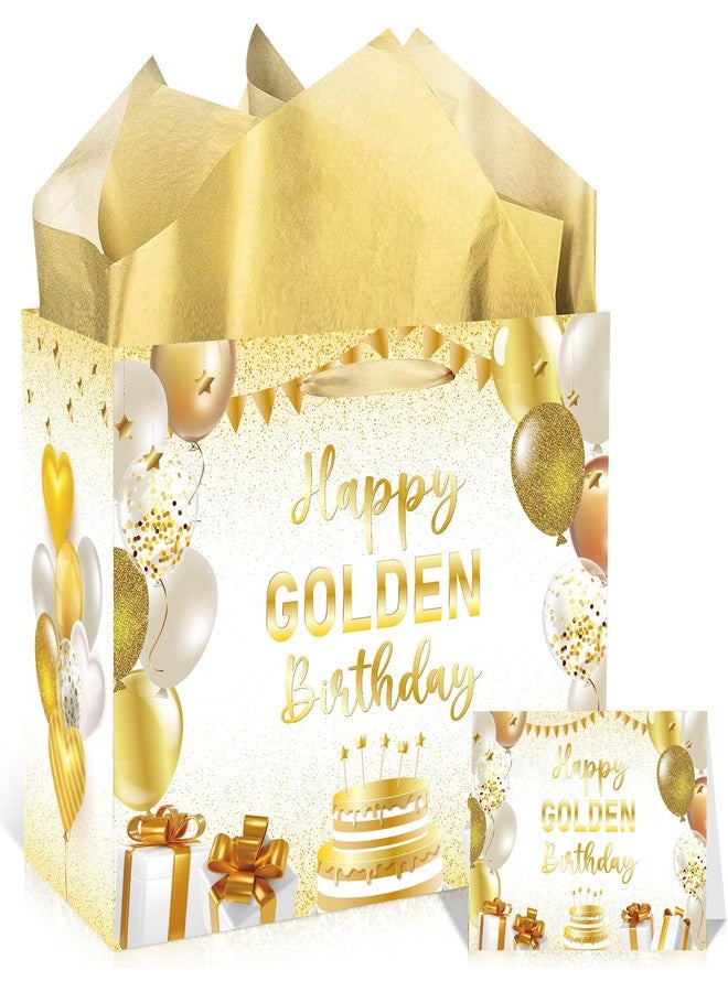 EoBeCy Happy Golden Birthday Gift Bags with Handles, Tissue Papers and Card, White Gold Gift Wrapping Paper for Women Men Golden Birthday Party Decorations - Image 1
