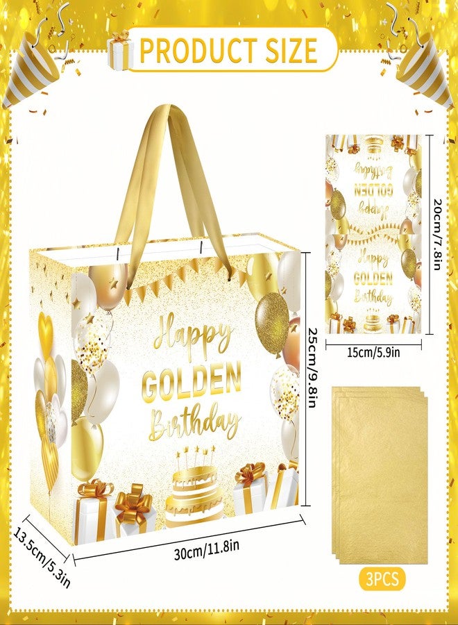 EoBeCy Happy Golden Birthday Gift Bags with Handles, Tissue Papers and Card, White Gold Gift Wrapping Paper for Women Men Golden Birthday Party Decorations - Image 3