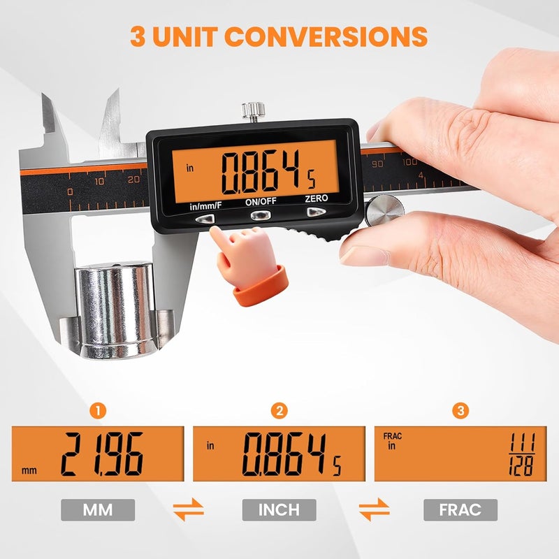 HARDELL Digital Caliper, Rechargeable Caliper Measuring Tool with Large Orange Screen, Stainless Steel Digital Micrometer with Auto-Off Feature -Inch/MM/Fraction for DIY/Household/3D-Printing - Image 4