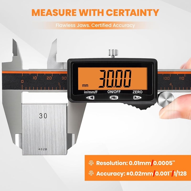 HARDELL Digital Caliper, Rechargeable Caliper Measuring Tool with Large Orange Screen, Stainless Steel Digital Micrometer with Auto-Off Feature -Inch/MM/Fraction for DIY/Household/3D-Printing - Image 5