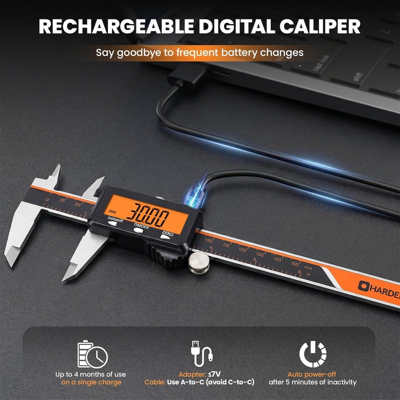 HARDELL Digital Caliper, Rechargeable Caliper Measuring Tool with Large Orange Screen, Stainless Steel Digital Micrometer with Auto-Off Feature -Inch/MM/Fraction for DIY/Household/3D-Printing - Image 2
