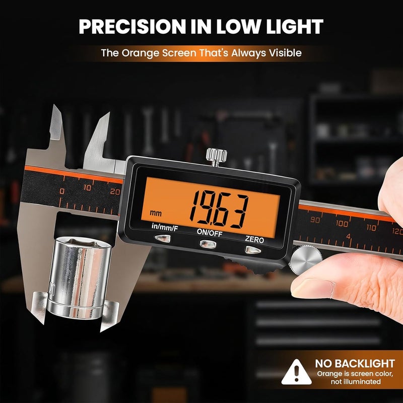 HARDELL Digital Caliper, Rechargeable Caliper Measuring Tool with Large Orange Screen, Stainless Steel Digital Micrometer with Auto-Off Feature -Inch/MM/Fraction for DIY/Household/3D-Printing - Image 3