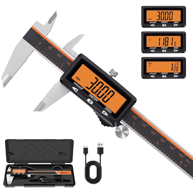 HARDELL Digital Caliper, Rechargeable Caliper Measuring Tool with Large Orange Screen, Stainless Steel Digital Micrometer with Auto-Off Feature -Inch/MM/Fraction for DIY/Household/3D-Printing - Image 1