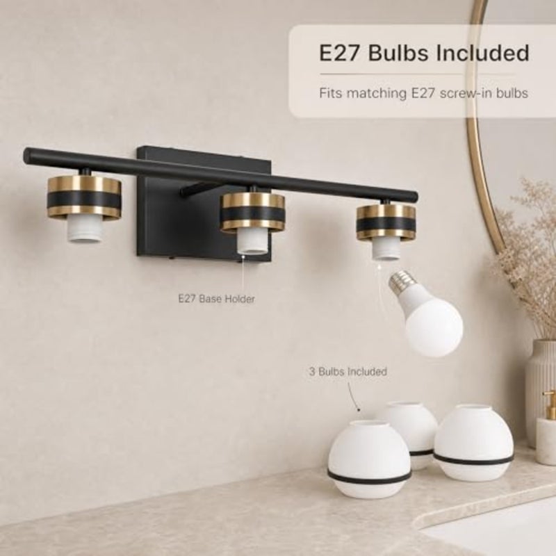 Bathroom, bedroom, dressing room wall sconce with triple globe design, brass finish, adjustable 3-color dimmable LED light, E27 socket compatible - Image 5