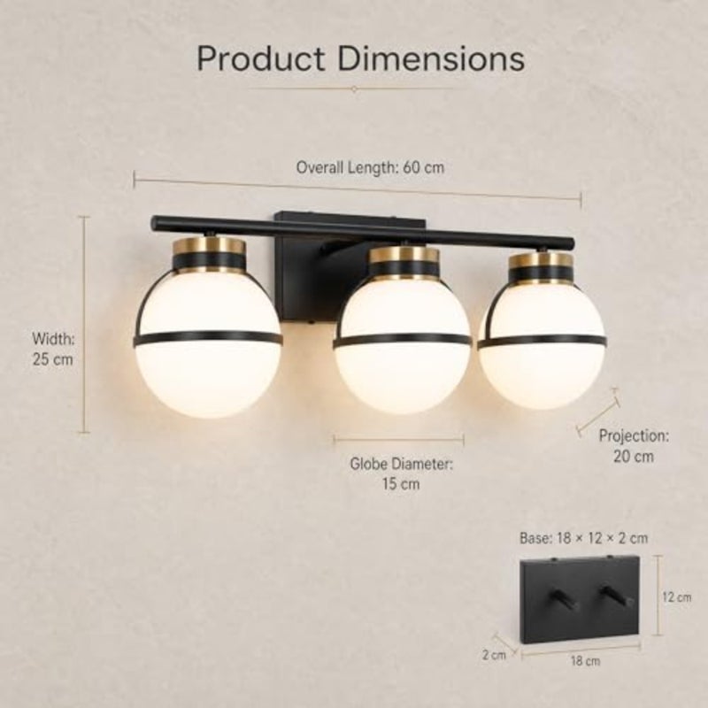 Bathroom, bedroom, dressing room wall sconce with triple globe design, brass finish, adjustable 3-color dimmable LED light, E27 socket compatible - Image 3
