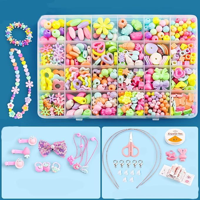 Bead Kits for Girls - 480pcs DIY Beads Set for Jewelry Making Kits, Colorful Acrylic Crafting Beads Kit Box with Accessories for Girls Women, Gift Kit for Kids