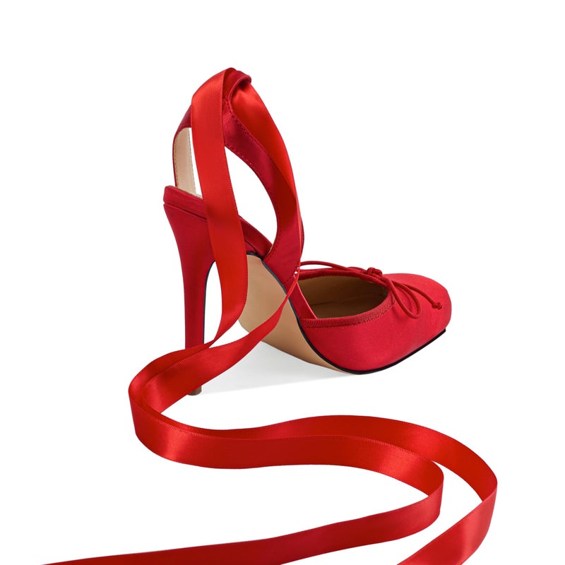 Vertundy Women's Red Ballet Heels Satin Bow Ballerina Heels Closed Square Toe Lace Up High Heel Ballet Pumps Strappy Stiletto Mary Janes Elegant Party Shoes - Image 5