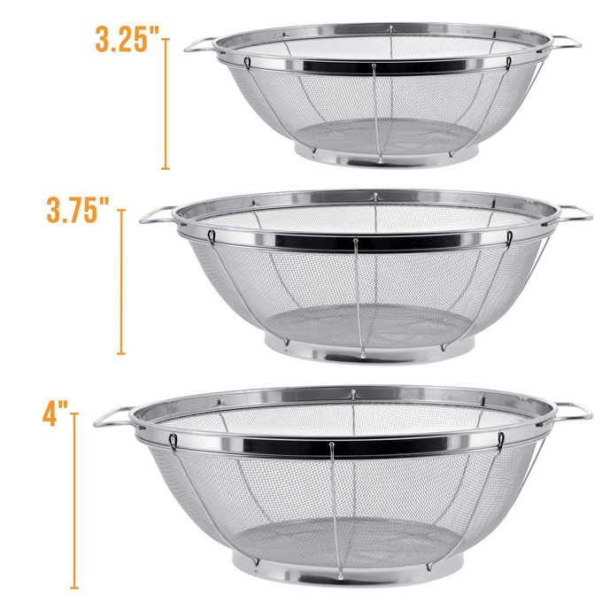 U.S. Kitchen Supply 3 Piece Colander Set Stainless Steel Mesh Strainer Net Baskets with Handles & Resting Base 11" 5 Quart, 9.5" 4 Quart and 8.5" 3 Quart Strain, Drain, Rinse, Steam or Cook - Image 3