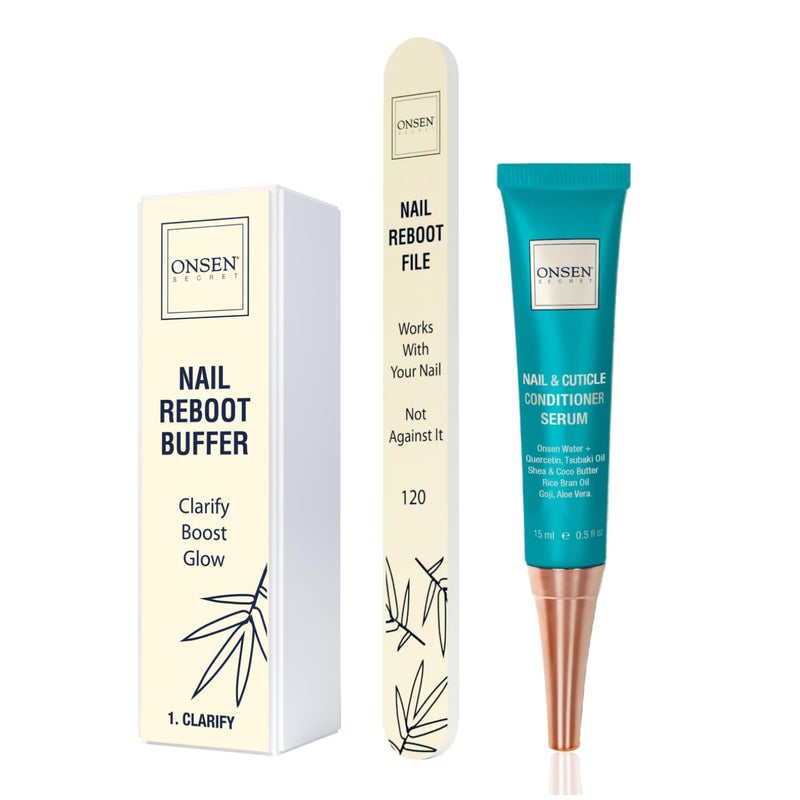 Onsen Secret Cuticle Cream Bundle Double Sided Nail File 120180 Grit Nail Cuticle Oil Japanese Natural Healing Minerals Nail Care Serum 15ml Buffer Nail File
