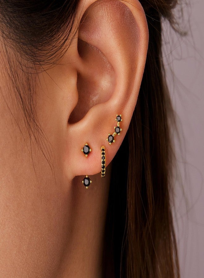 Poxtex Small Black and Gold Huggie Hoop Earrings Set for Women, Hypoallergenic Trendy Jackets for Multiple Piercings, Dainty Cute Mini Lightweight Cartilage Climber Jewelry Gift for Sensitive Ears - Image 2