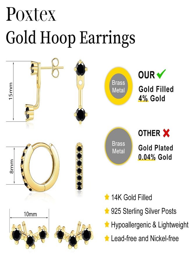 Poxtex Small Black and Gold Huggie Hoop Earrings Set for Women, Hypoallergenic Trendy Jackets for Multiple Piercings, Dainty Cute Mini Lightweight Cartilage Climber Jewelry Gift for Sensitive Ears - Image 4