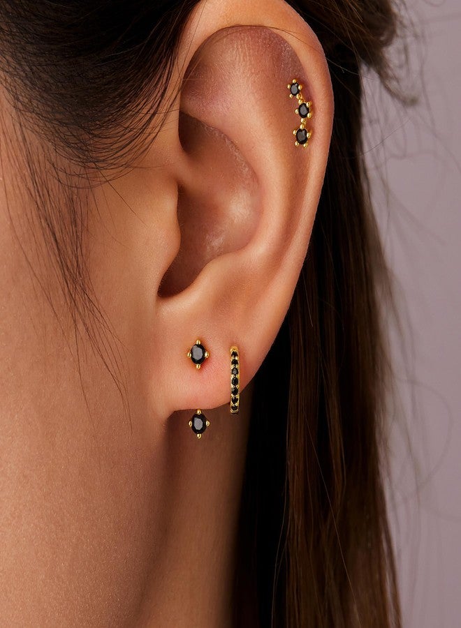Poxtex Small Black and Gold Huggie Hoop Earrings Set for Women, Hypoallergenic Trendy Jackets for Multiple Piercings, Dainty Cute Mini Lightweight Cartilage Climber Jewelry Gift for Sensitive Ears - Image 3