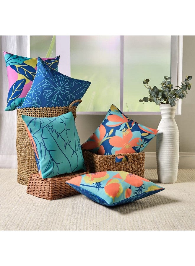 Sleepyhead Sleepyhead Spring - Digital Printed Dual Sided Floral Cushion Covers/Throw Pillow (16X16, Set Of 5, Blue & Orange)(Canvas), 180 TC, 40.64 cm - Image 1
