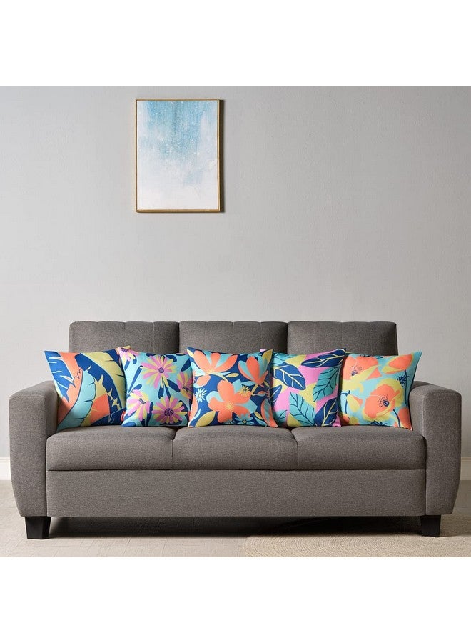 Sleepyhead Sleepyhead Spring - Digital Printed Dual Sided Floral Cushion Covers/Throw Pillow (16X16, Set Of 5, Blue & Orange)(Canvas), 180 TC, 40.64 cm - Image 3