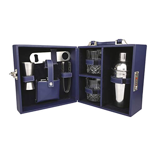 Anything & Everything Bar Accessories | Mini Portable Bar Set | Leatherette Bar Set | Bar Set | Barware Set for Picnic | Bar Tool Set for Travel | Barware Set for car | Whiskey Glasses (Blue & Blue) - Image 1