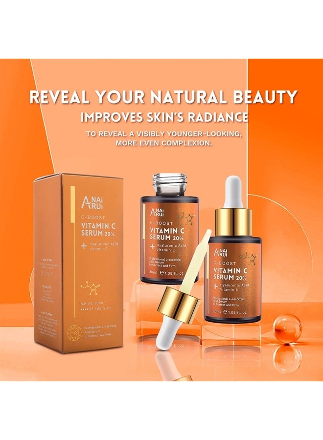 ANAI RUI سيروم فيتامين سي ANAIRUI 20% مع حمض الهيالورونيك وفيتامين E، لزيادة الثبات وتقليل الخطوط الدقيقة والتجاعيد والبقع الداكنة 1FL. OZ - Image 2