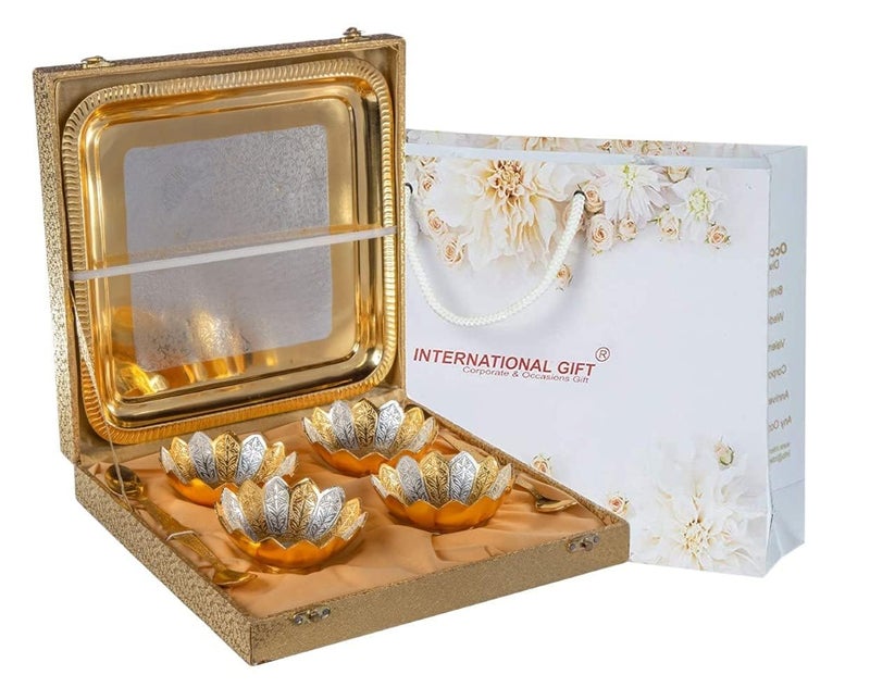 INTERNATIONAL GIFT INTERNATIONAL GIFT Luxury 4 Lotus Bowls with 4 Spoons and Tray Gold Plated Aluminium Ideal for Elegant Serving Home Dcor and Thoughtful Gifting  - Image 1