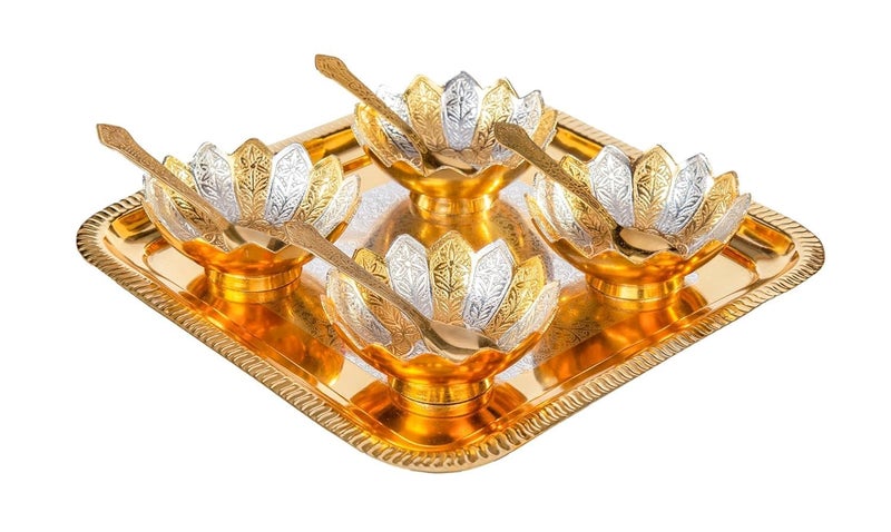 INTERNATIONAL GIFT INTERNATIONAL GIFT Luxury 4 Lotus Bowls with 4 Spoons and Tray Gold Plated Aluminium Ideal for Elegant Serving Home Dcor and Thoughtful Gifting  - Image 3