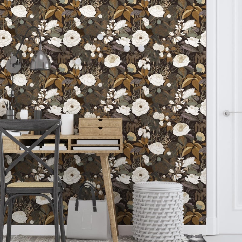 Laatse Floral Wallpaper Peel and Stick 17.5" x 118" Boho Flower Contact Paper, Self Adhesive Removable Waterproof Vintage Floral Wall Paper for Bedroom Walls Countertop Cabinet(Brown,Black,White) - Image 3