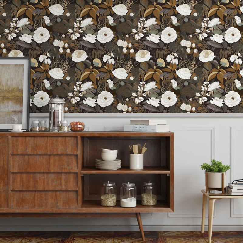 Laatse Floral Wallpaper Peel and Stick 17.5" x 118" Boho Flower Contact Paper, Self Adhesive Removable Waterproof Vintage Floral Wall Paper for Bedroom Walls Countertop Cabinet(Brown,Black,White) - Image 2