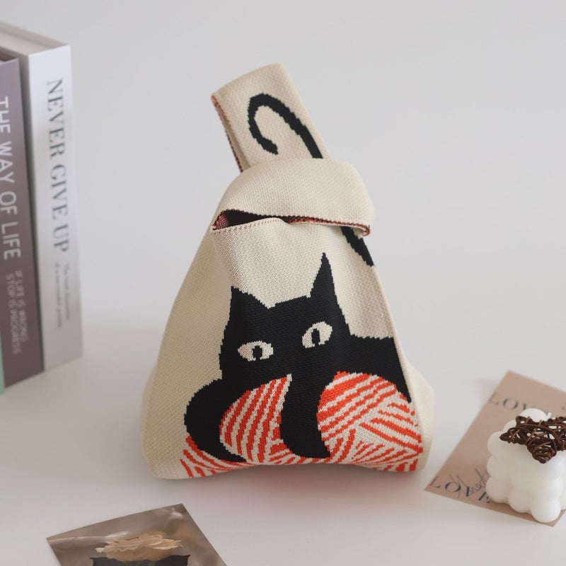 Knitted Bag Handbag Vacation Bag Knitted Bag Casual Knitted Hand Bag Bag Bag South Korea Light Luxury Style Clutch Bag Kitty Beige - Image 1