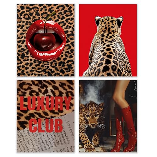 BESERH Cheetah Print Room Wall Decor, Funky Red Leopard Cherry Wall Art Prints, Modern Aesthetic Leopard Posters for Girls Bedroom Dorm Apartment Home, 8x10 Inches Set of 4 Unframed - Image 1