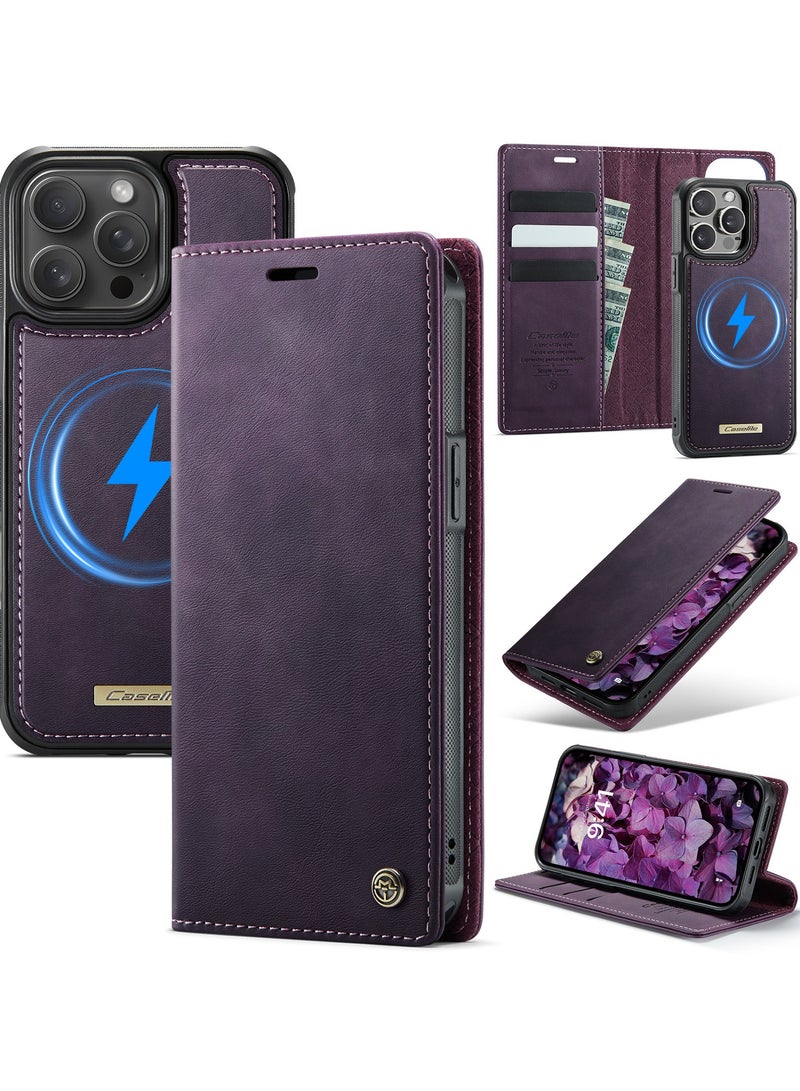 CaseMe Phone Case Cover Luxury PU Leather Design Flip Cover Card Slot Holder Support Magnetic wireless charging Back Cover detachable Compatible with IPhone 14 Pro Max  ( Purple ) - Image 1