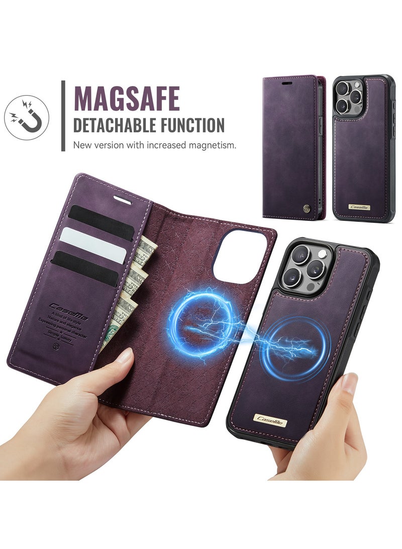 CaseMe Phone Case Cover Luxury PU Leather Design Flip Cover Card Slot Holder Support Magnetic wireless charging Back Cover detachable Compatible with IPhone 14 Pro Max  ( Purple ) - Image 2