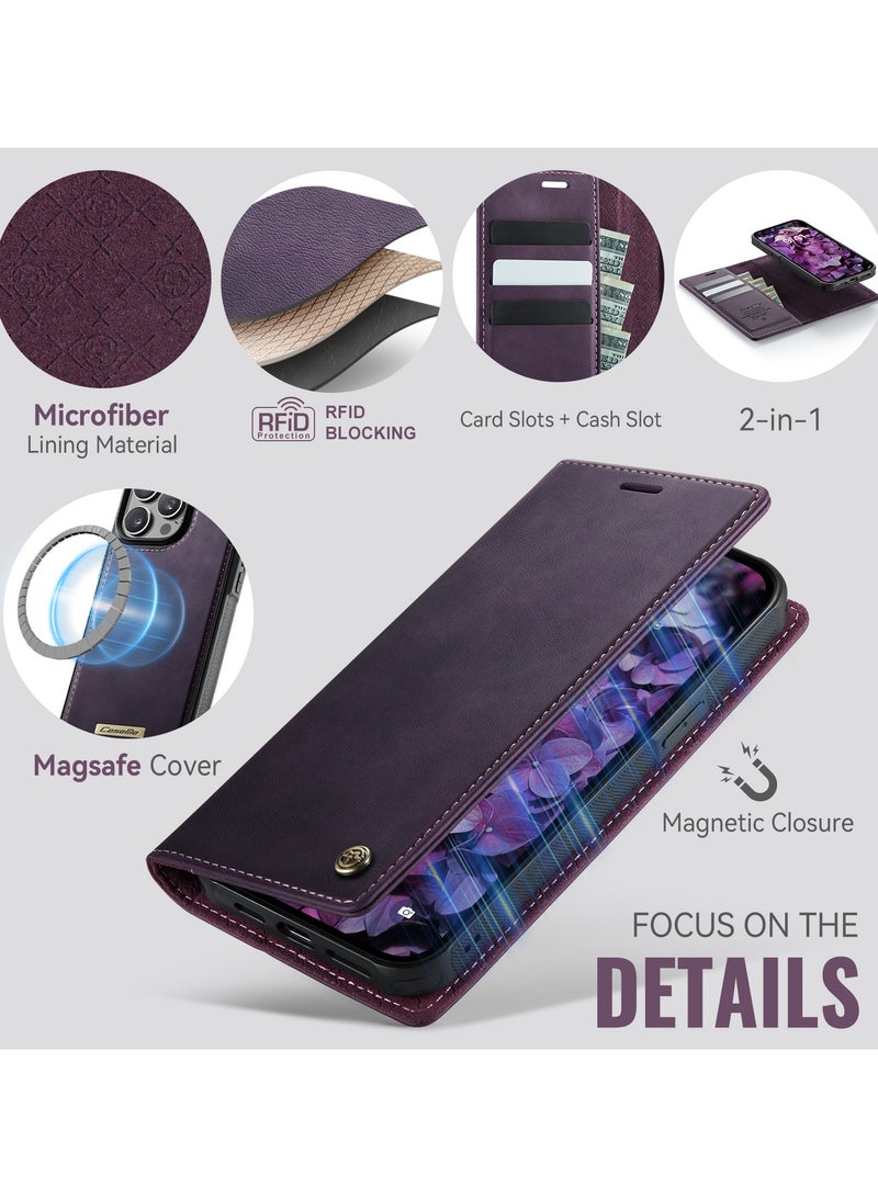 CaseMe Phone Case Cover Luxury PU Leather Design Flip Cover Card Slot Holder Support Magnetic wireless charging Back Cover detachable Compatible with IPhone 14 Pro Max  ( Purple ) - Image 3