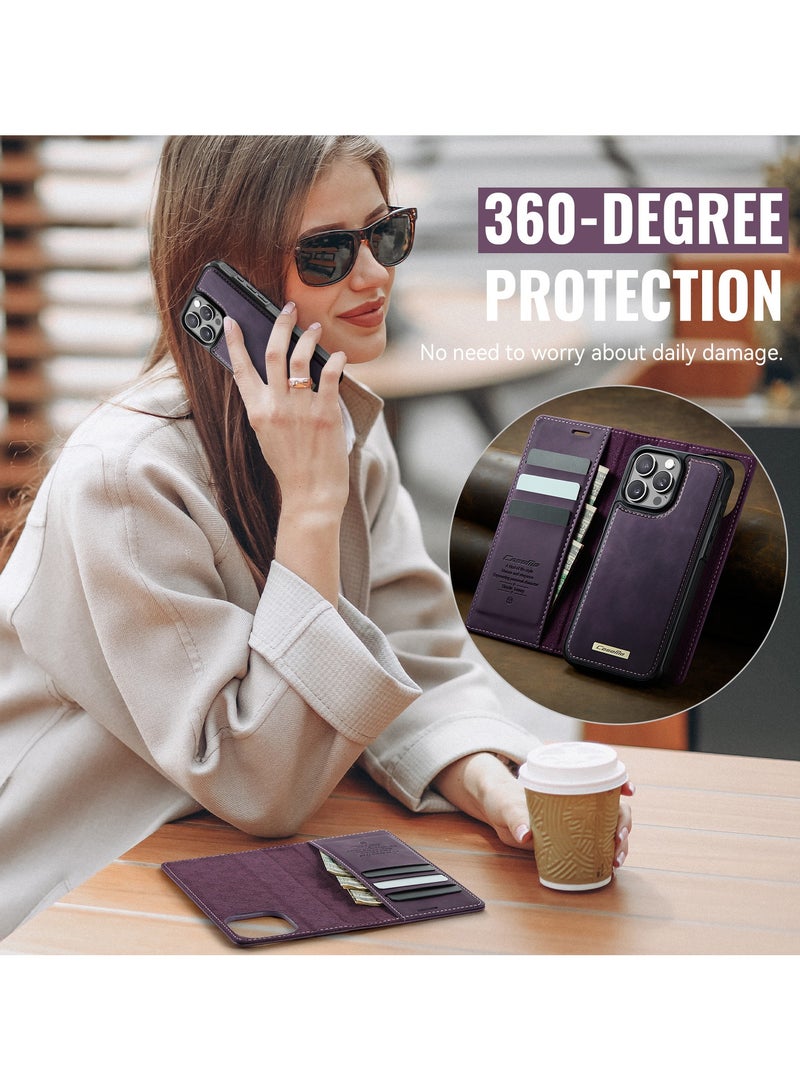 CaseMe Phone Case Cover Luxury PU Leather Design Flip Cover Card Slot Holder Support Magnetic wireless charging Back Cover detachable Compatible with IPhone 14 Pro Max  ( Purple ) - Image 5