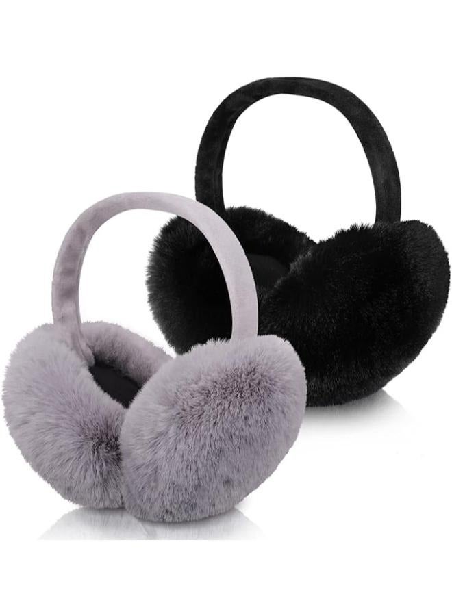 SATINIOR 2 Pieces Winter Ear muffs Faux Fur Earmuffs Cute Foldable Outdoor Ear Warmers Faux Fur Ear Warmers for Women (Gray, Black)\EAR012 - Image 1