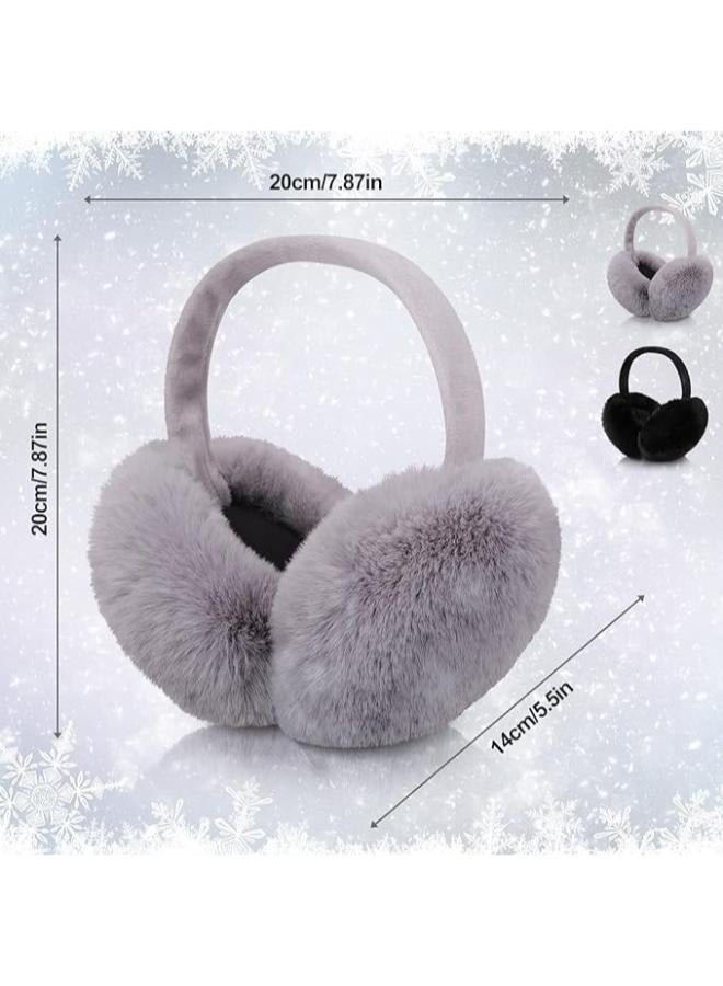 SATINIOR 2 Pieces Winter Ear muffs Faux Fur Earmuffs Cute Foldable Outdoor Ear Warmers Faux Fur Ear Warmers for Women (Gray, Black)\EAR012 - Image 2