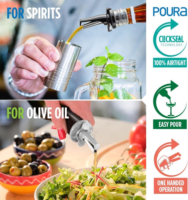 Poura 3-in-1 Liquor Pour Spout | Olive Oil Spout with Built-in Caps for Optimal Fly and Dust Protection - Dishwasher Safe, Hygienic Alcohol Speed Spouts - Black 2 PCs with 2 Adapters for Large Neck Bottles - Image 2