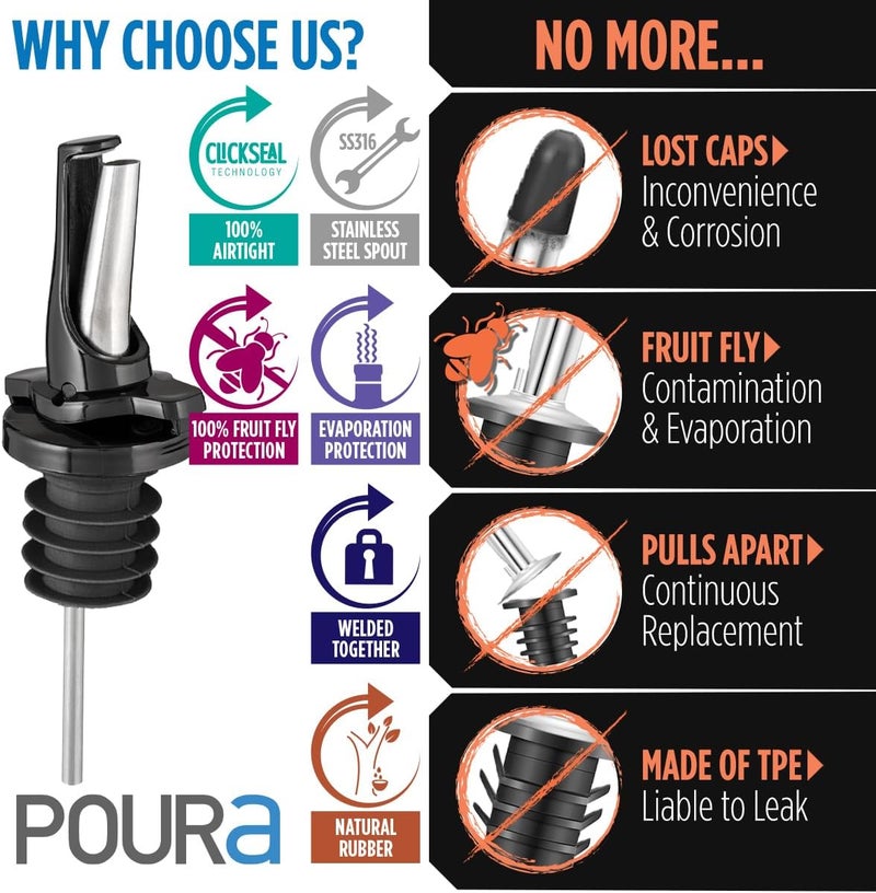 Poura 3-in-1 Liquor Pour Spout | Olive Oil Spout with Built-in Caps for Optimal Fly and Dust Protection - Dishwasher Safe, Hygienic Alcohol Speed Spouts - Black 2 PCs with 2 Adapters for Large Neck Bottles - Image 5