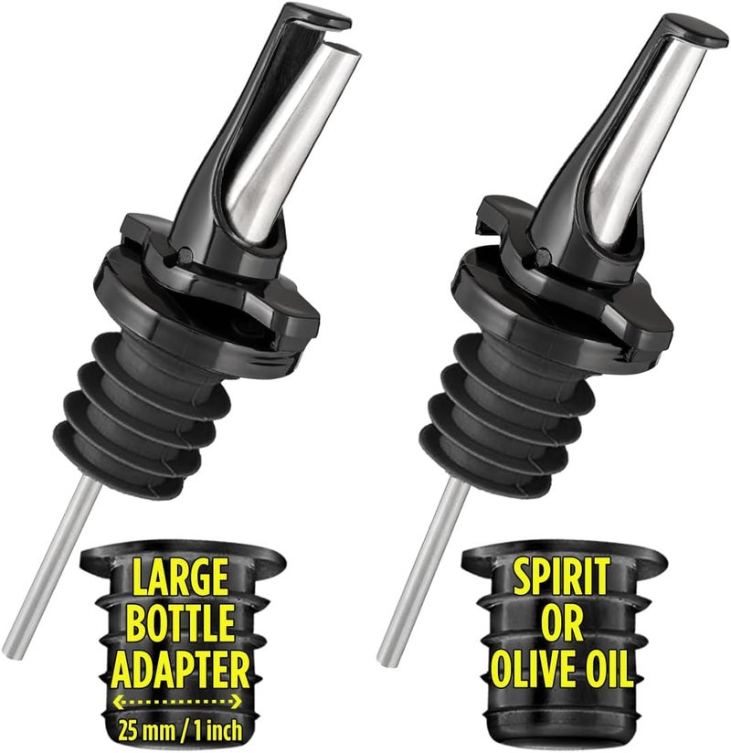 Poura 3-in-1 Liquor Pour Spout | Olive Oil Spout with Built-in Caps for Optimal Fly and Dust Protection - Dishwasher Safe, Hygienic Alcohol Speed Spouts - Black 2 PCs with 2 Adapters for Large Neck Bottles - Image 1