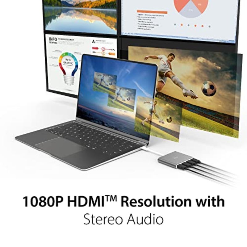 محور محول USB-C إلى 4 منافذ HDMI لإعداد شاشات متعددة، هيكل من سبائك الألومنيوم، أسود، يدعم شاشات 4x 1080p@60 هرتز مع وظيفة التوصيل والتشغيل - Image 3