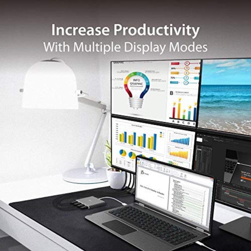 محور محول USB-C إلى 4 منافذ HDMI لإعداد شاشات متعددة، هيكل من سبائك الألومنيوم، أسود، يدعم شاشات 4x 1080p@60 هرتز مع وظيفة التوصيل والتشغيل - Image 2