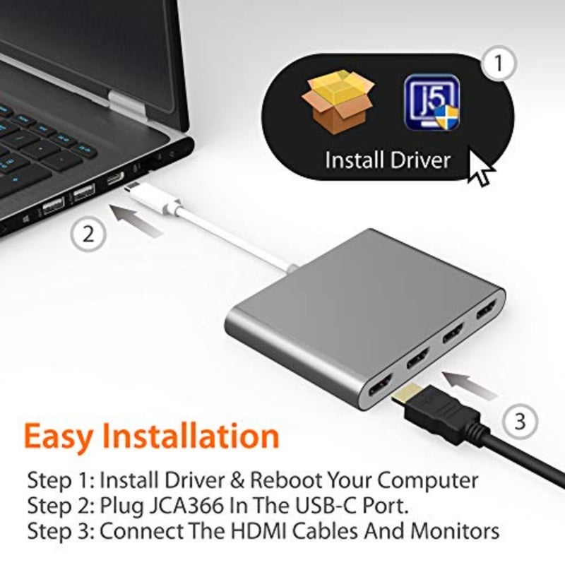 محور محول USB-C إلى 4 منافذ HDMI لإعداد شاشات متعددة، هيكل من سبائك الألومنيوم، أسود، يدعم شاشات 4x 1080p@60 هرتز مع وظيفة التوصيل والتشغيل - Image 5
